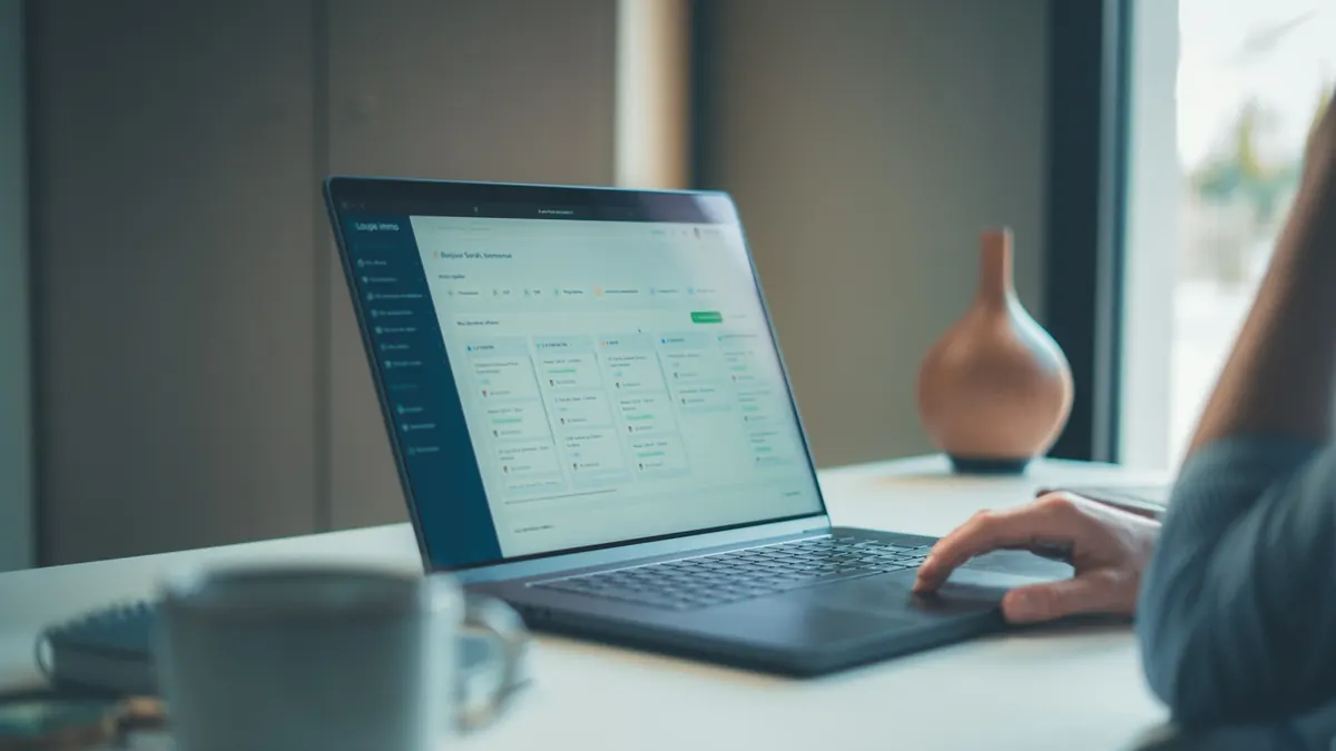 Person using a laptop that shows a CRM board with enquiry cards sorted into columns