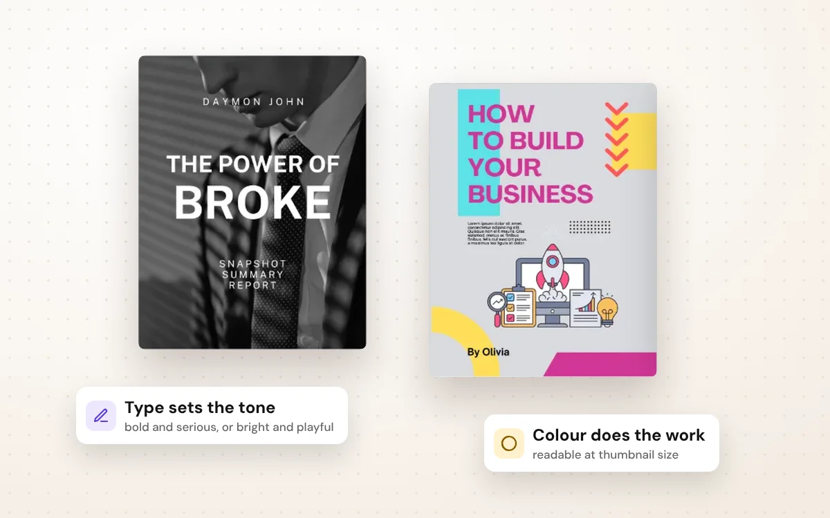 Two contrasting covers: a dark photographic cover for The Power of Broke and a bright illustrated cover for How to Build Your Business