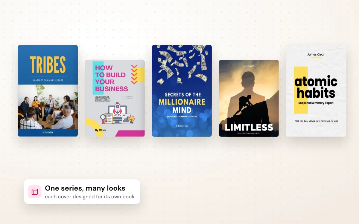Five book summary covers in a row: Tribes, How to Build Your Business, Secrets of the Millionaire Mind, Limitless and Atomic Habits
