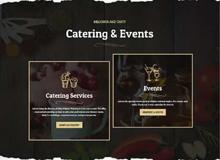 Catering and Events section with two framed cards and enquiry buttons