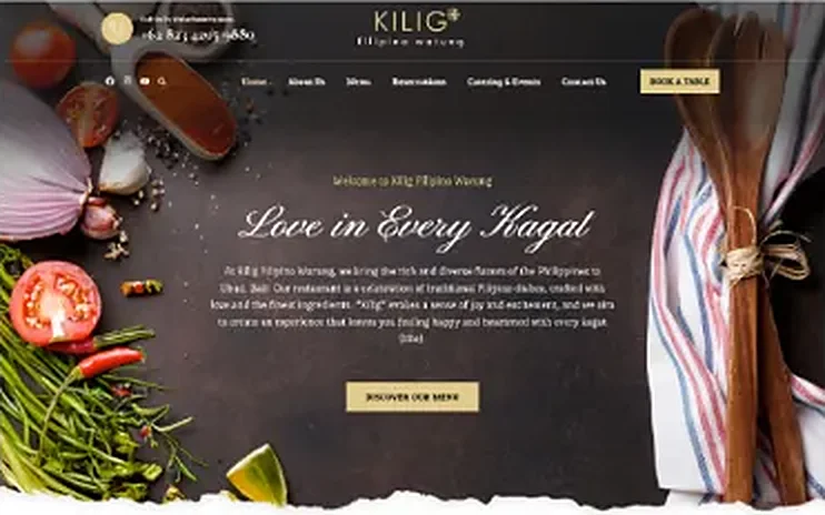 Kilig homepage with the headline Love in Every Kagat over a dark, food-filled background and a Discover Our Menu button
