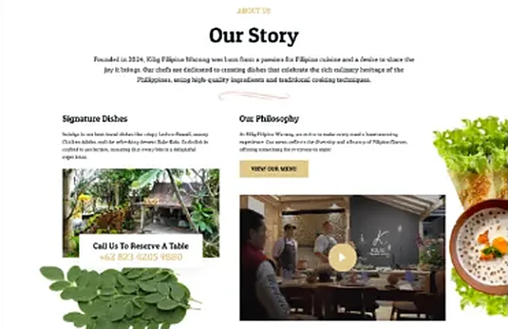 Our Story section with signature dishes, philosophy and photos of the restaurant