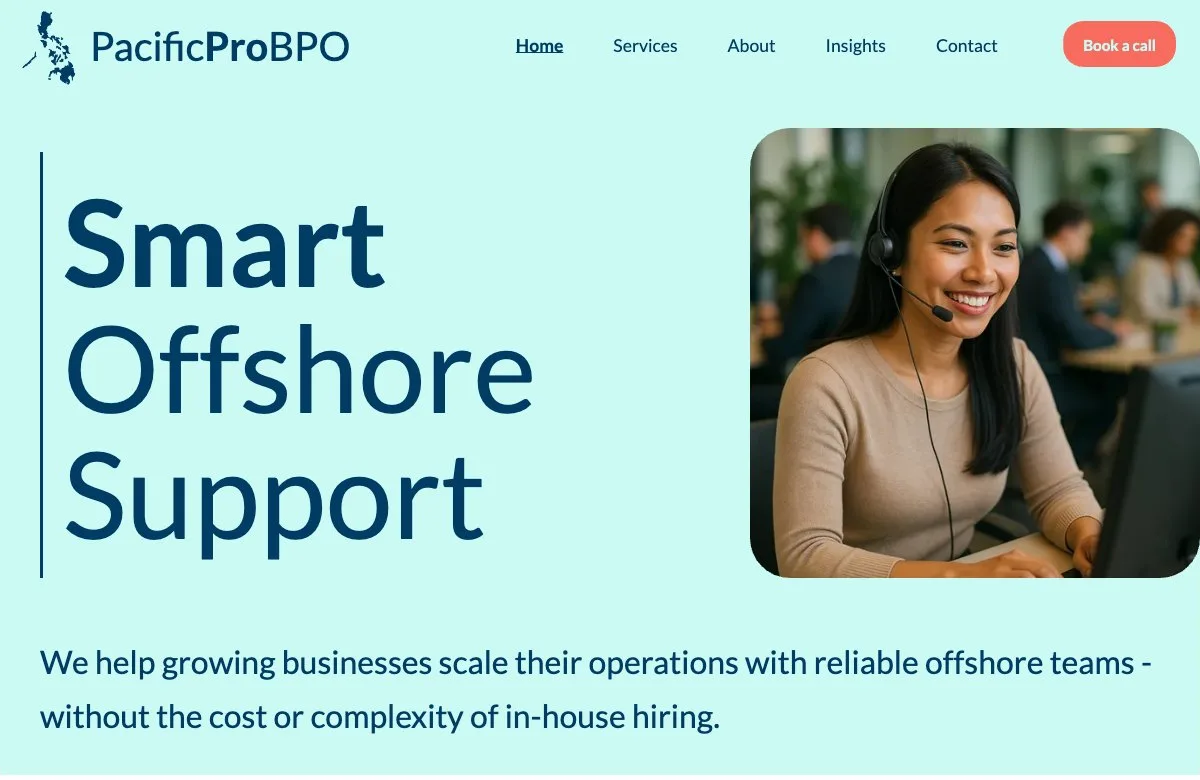 PacificProBPO homepage with the headline Smart Offshore Support and a photo of a smiling support agent